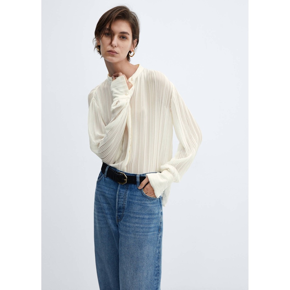 Mango Pleated Mandarin Semi Transparent Collar Blouse Off-White Long Sleeve Cuff